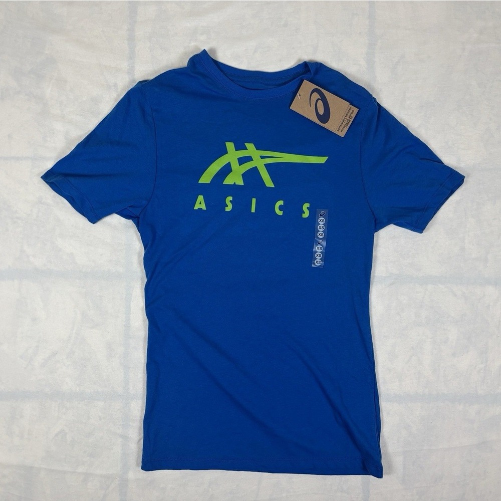 Asics Stripe SS Tee Mens XS Blue Lime Green Graphic‎ Logo 2031D145 New